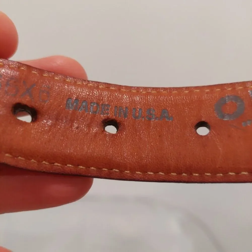 Orvis Blue Canvas Brown Embossed Leather Golf Belt Brass Buckle Men's Sz 42-46